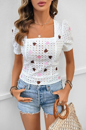Bubble Sleeve Heart Square Collar Shirt