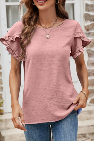 Solid Color Round Neck Lace Short Sleeve T-shirt
