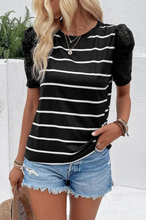 Retro Lace Bubble Sleeve Striped T-shirt