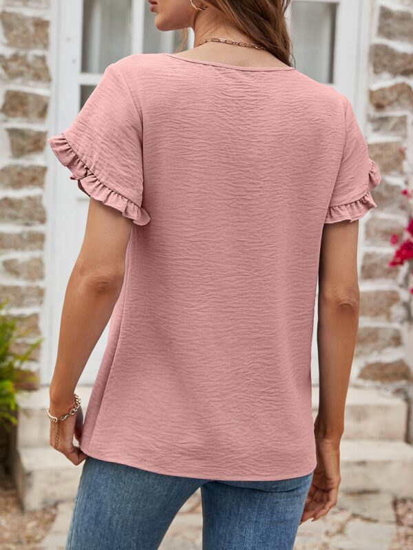 Solid Color Round Neck Lace Short Sleeve T-shirt - Image 2