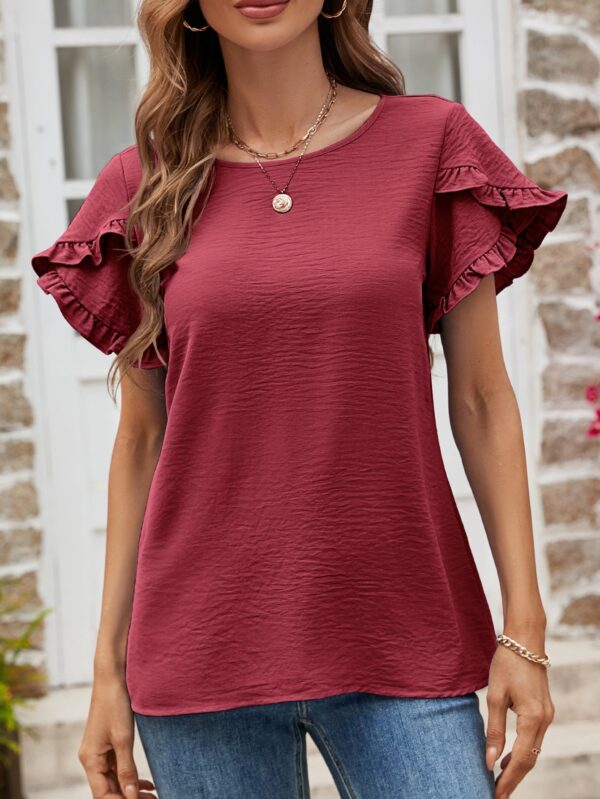 Solid Color Round Neck Lace Short Sleeve T-shirt - Image 3