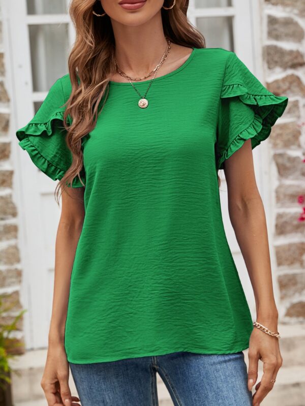 Solid Color Round Neck Lace Short Sleeve T-shirt - Image 4